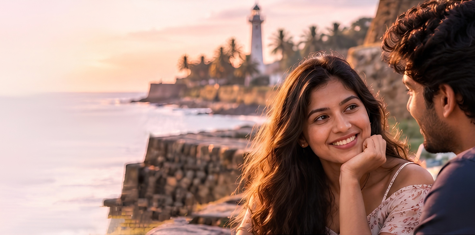 A young couple smiling at each other by the sea at sunset