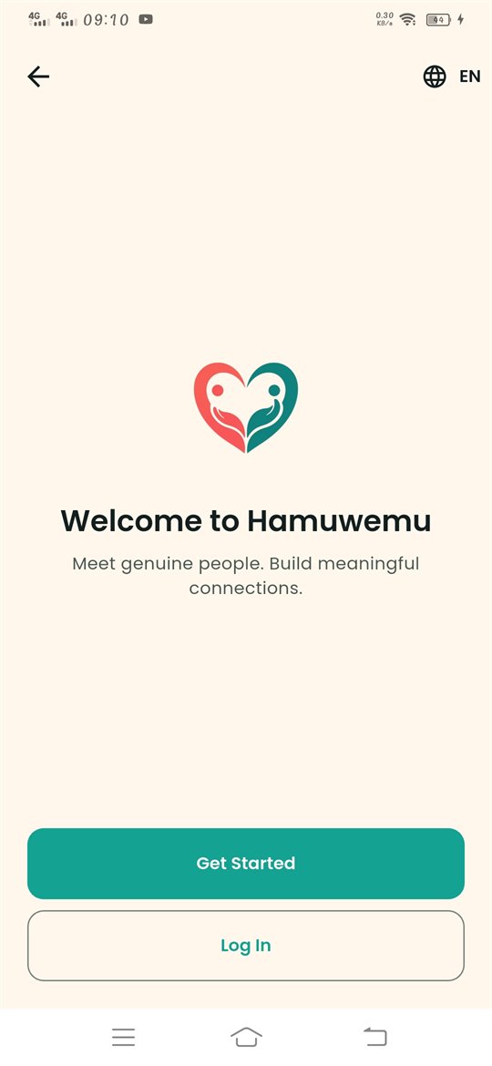 Welcome to Hamuwemu screen with the Get Started and Log in buttons