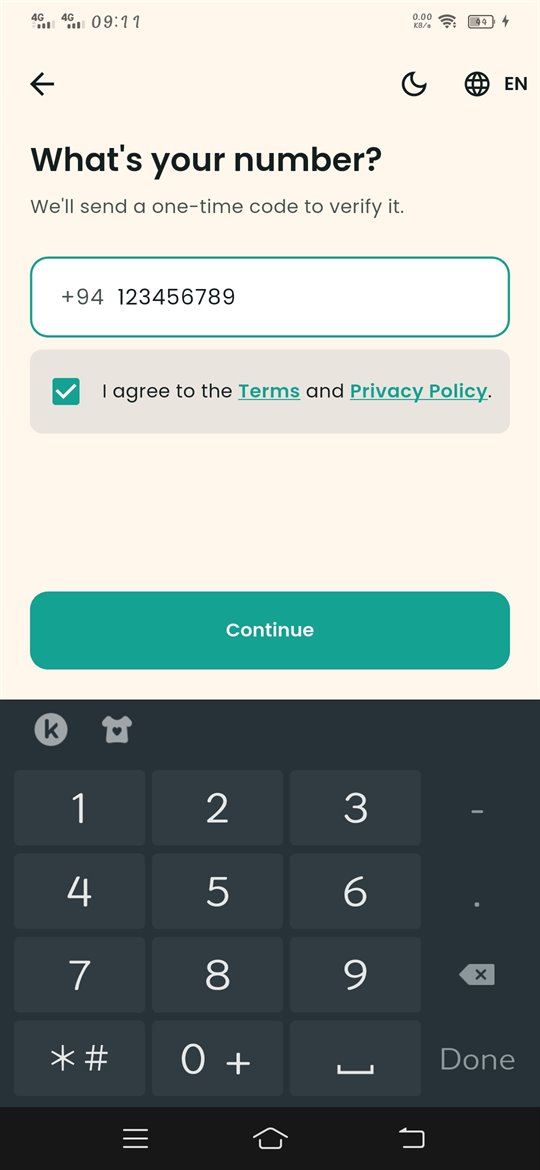 Mobile number screen with the I agree checkbox and the Continue button