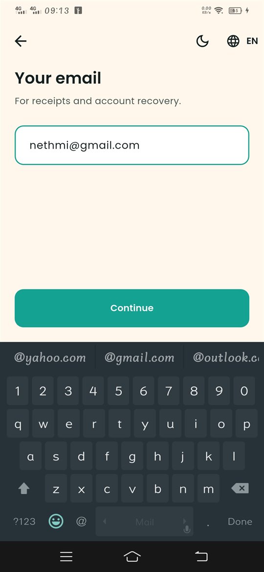 Email address screen with the Continue button