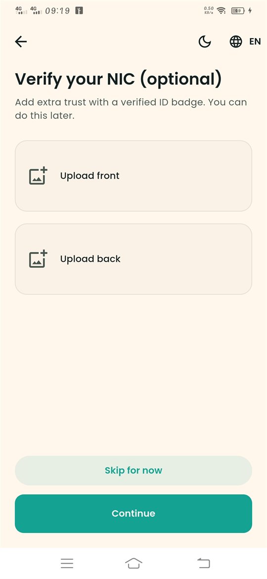 Optional NIC verification screen with Upload front, Upload back and Skip for now