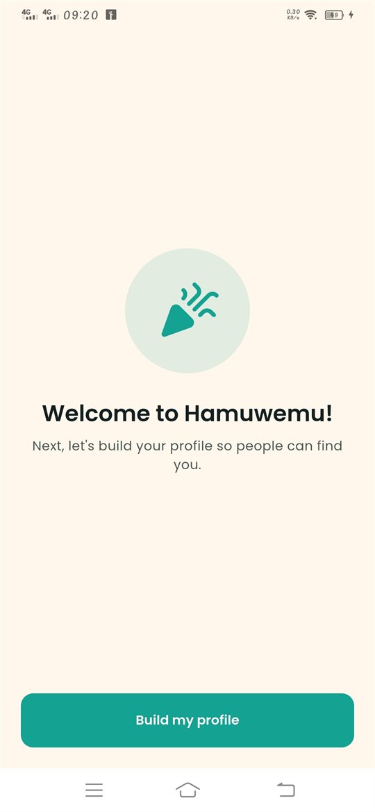 Welcome to Hamuwemu screen with the Build my profile button