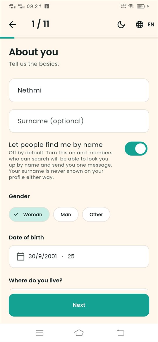 About you screen with first name, gender and date of birth