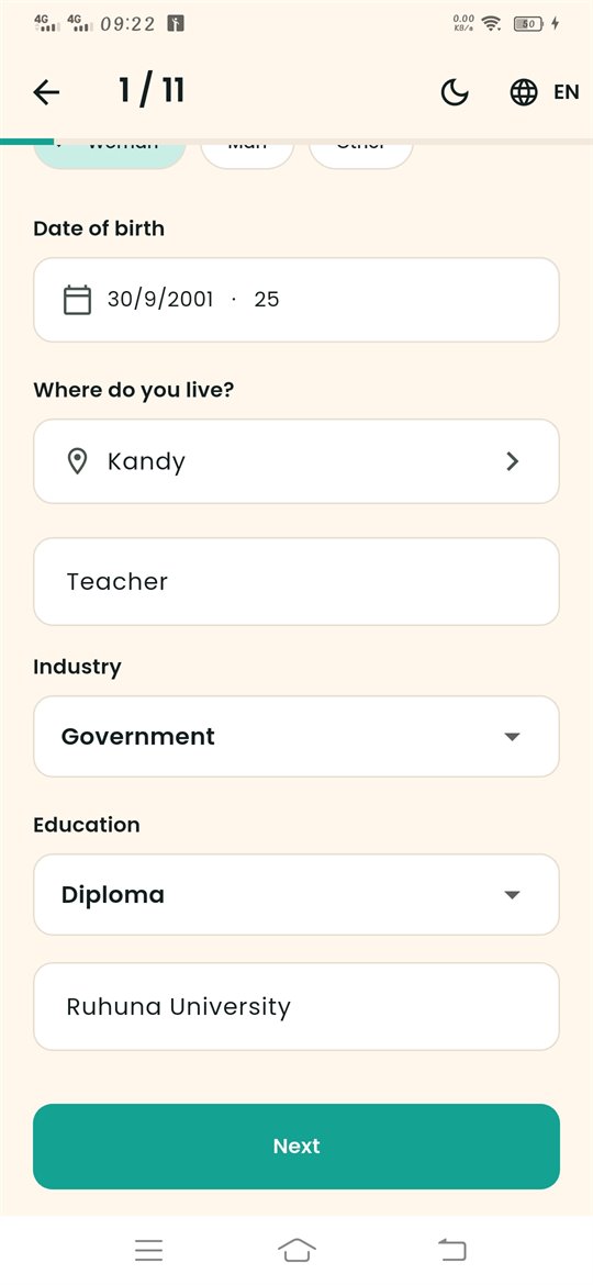 Profile screen with city, job, industry and education filled in