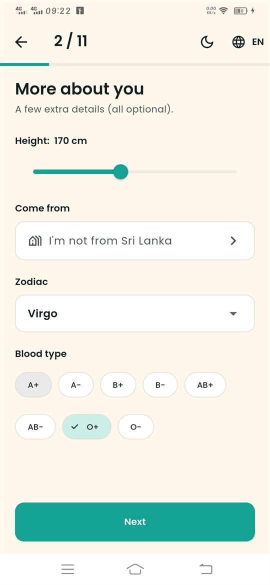 More about you screen with height, hometown, zodiac and blood type