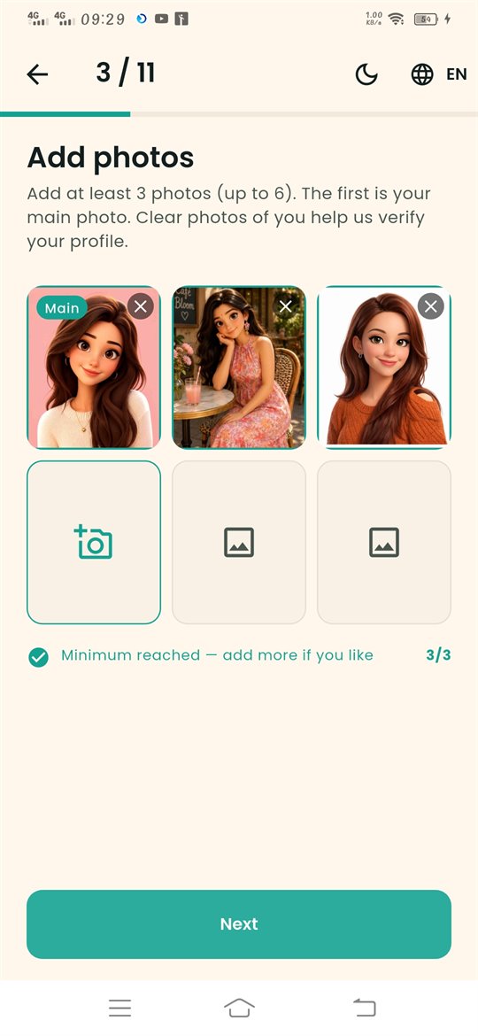 Add photos screen with three photos added