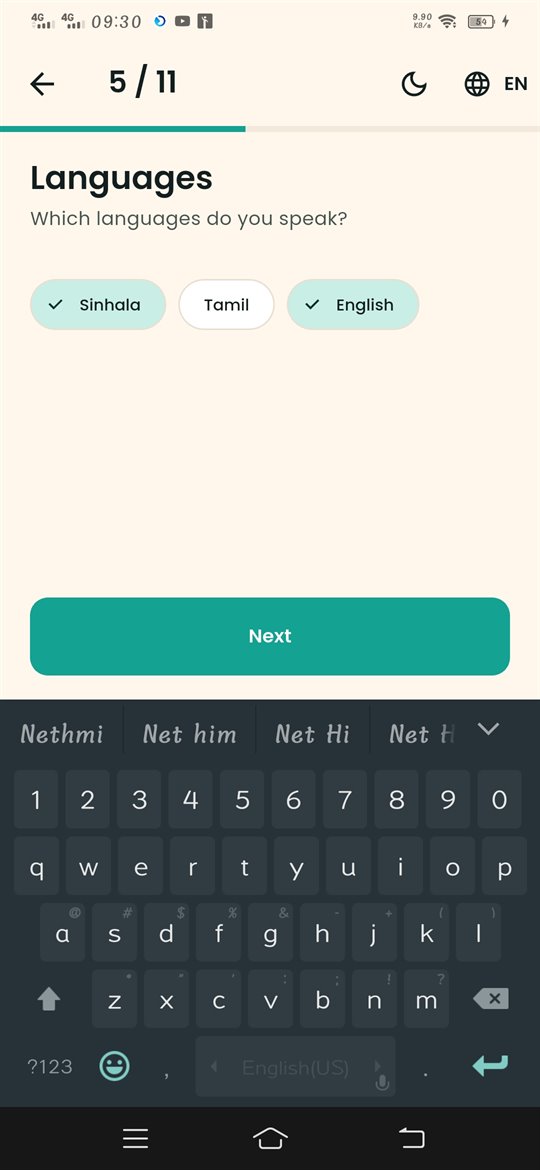 Languages screen with Sinhala and English selected
