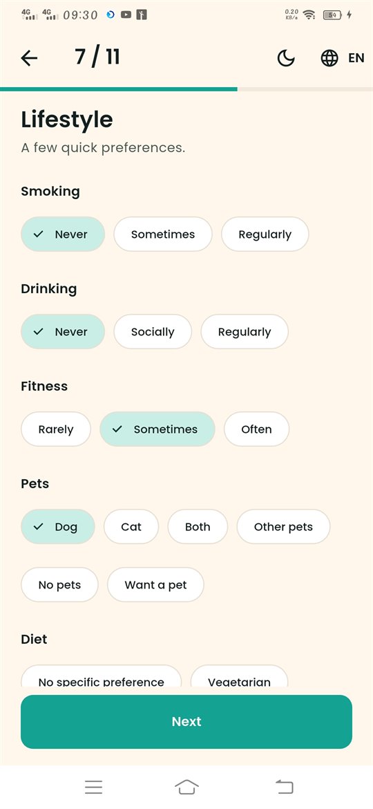 Lifestyle screen with smoking, drinking, fitness and pets choices