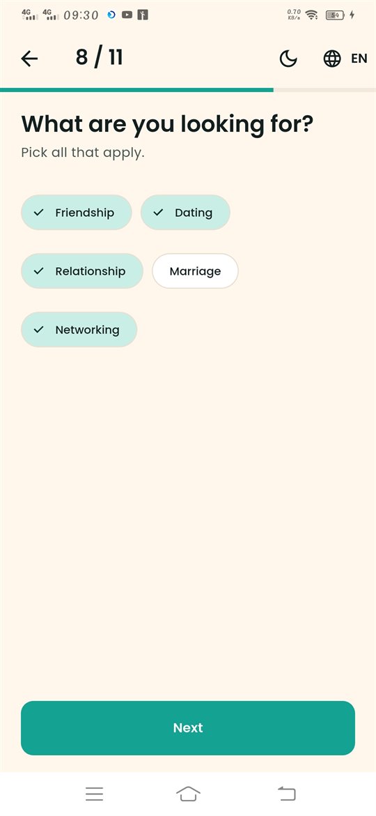 What are you looking for screen with friendship, dating, relationship and networking selected