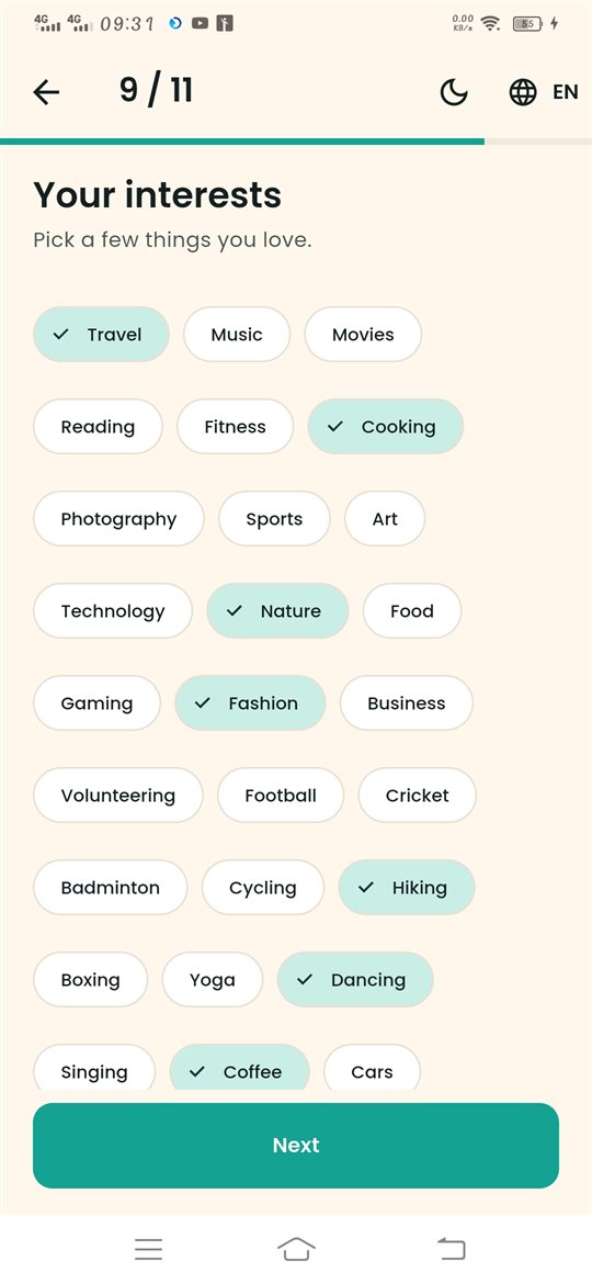 Your interests screen with several interests selected