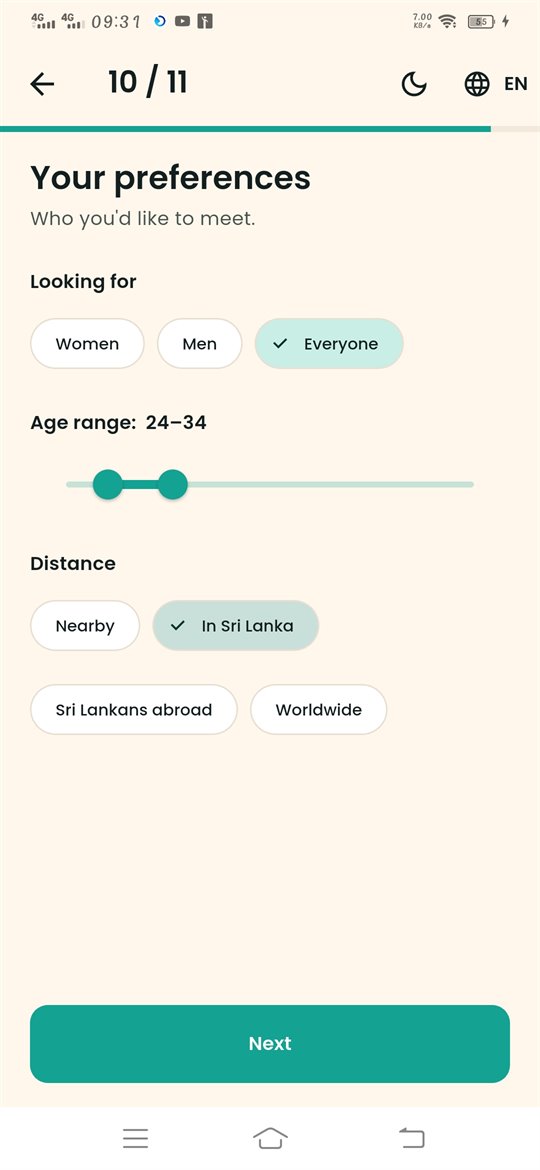 Your preferences screen with who you want to meet, age range and distance